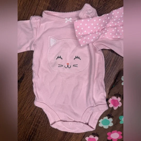 Carter's pink cat onesies bodysuits pants hat baby girl size 0-3 months bundle - Picture 3 of 8